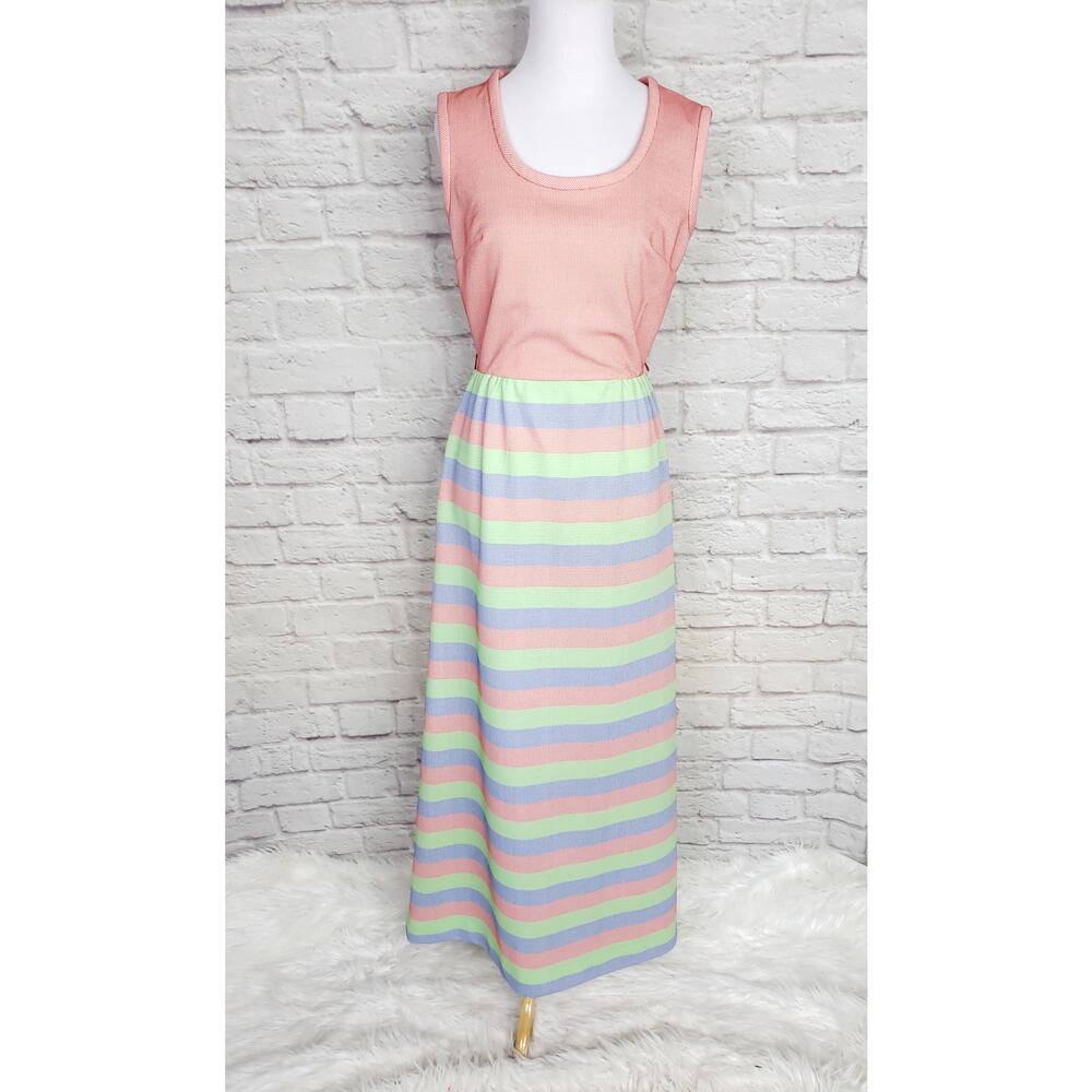Vintage 70s Red Blue Green White Striped Sleeveless Maxi Dress Fits S